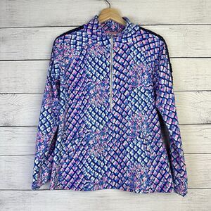 LILLY PULITZER Skipper Pullover Top Womens Small Royal‎ Blue Pink Crochet Trim